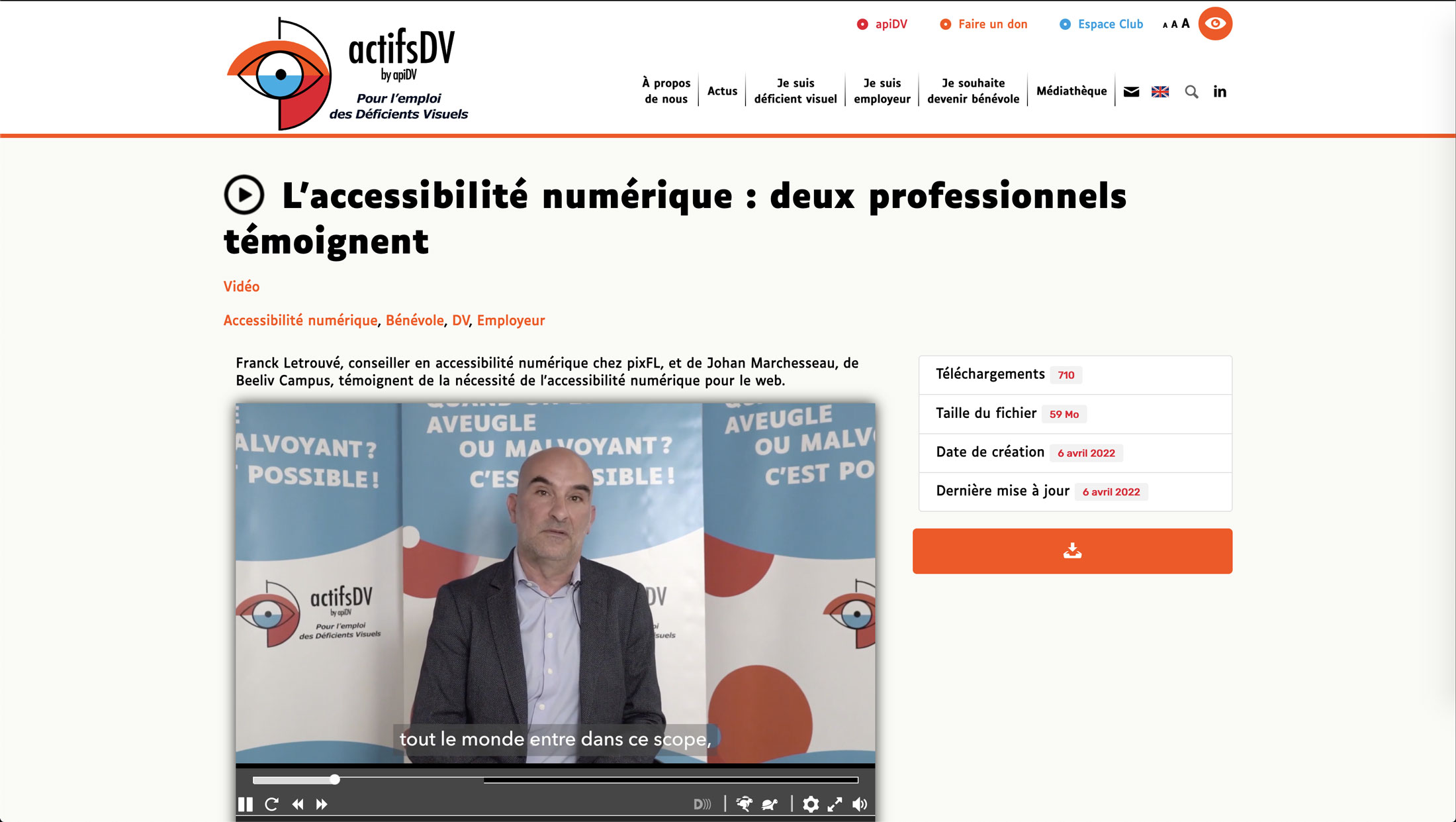 Image du site web pour actifsDV comportant une vidéo, les deux réalisés par Nostromo, agence de communication, pour apiDV